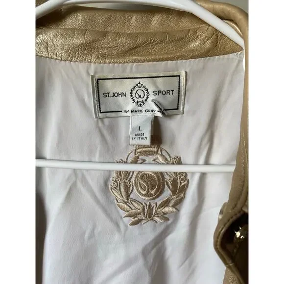St. John Sport Button Up Gold Metallic 100% Italian Leather Jacket- Size Large